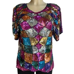 Vintage Jean Joseph Le Bon Sparkly Sequin Beaded Silk Patchwork Top Sz M Padded